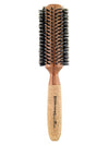 Round wooden hairbrush with black bristles on a white background