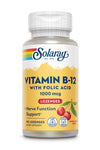 Solaray Vitamin B-12 lozenge bottle with yellow label on a white background