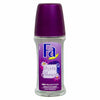 A roll-on deodorant bottle with a purple cap labeled 'Fa Mystic Moments' indicating 48 hours protection, suitable for sensitive skin.